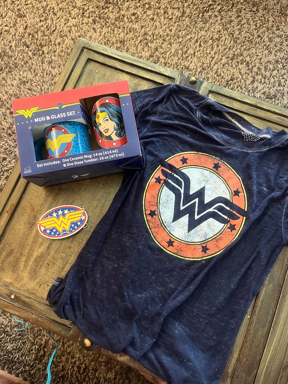 Wonder Woman Tee with Mug & Tumbler Set and two belt buckle